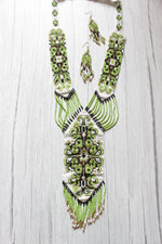 Load image into Gallery viewer, Green and White Elaborate Handcrafted Beaded Necklace Set with Dangler Earrings
