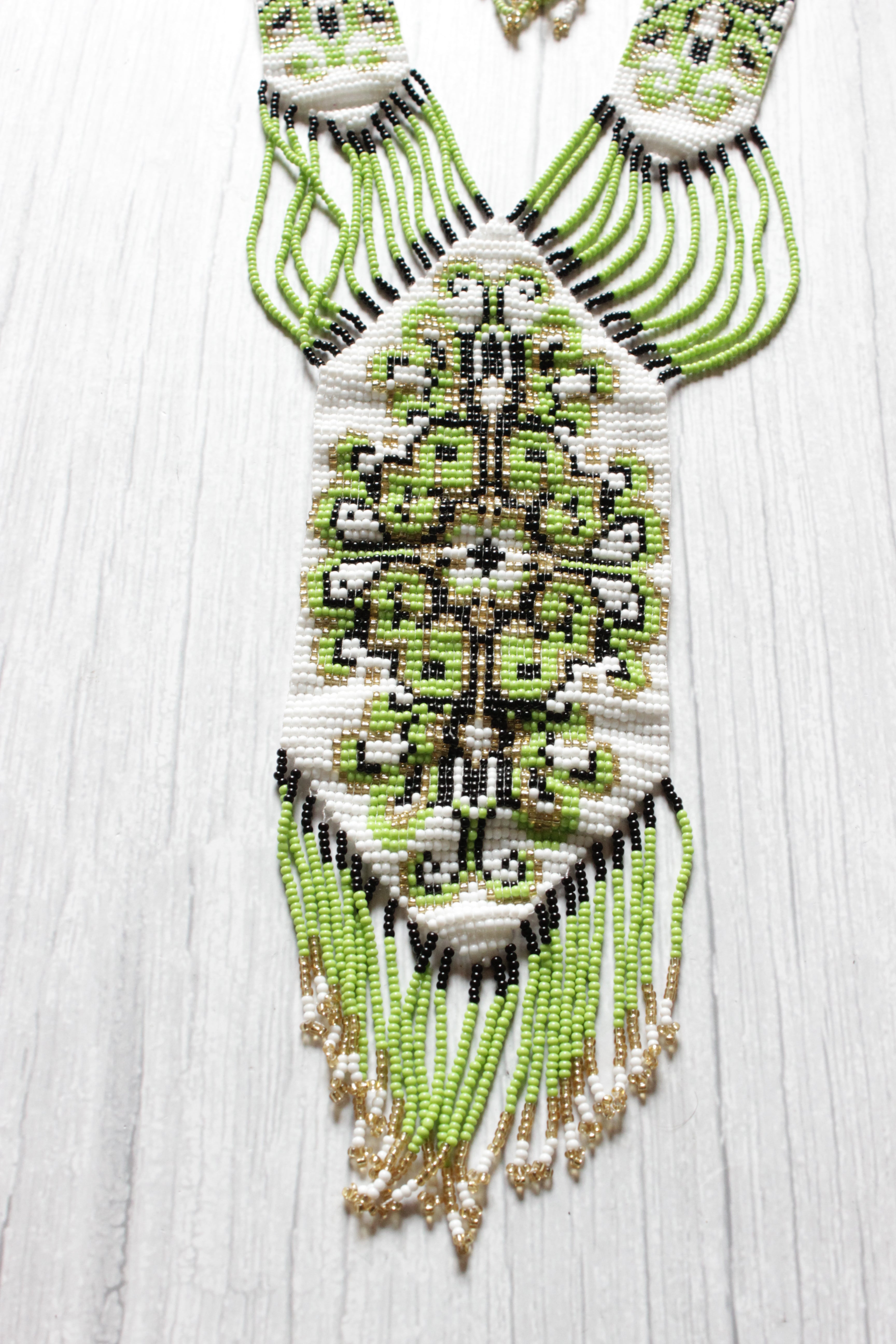 Green and White Elaborate Handcrafted Beaded Necklace Set with Dangler Earrings