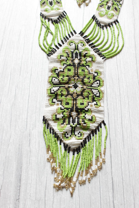 Green and White Elaborate Handcrafted Beaded Necklace Set with Dangler Earrings