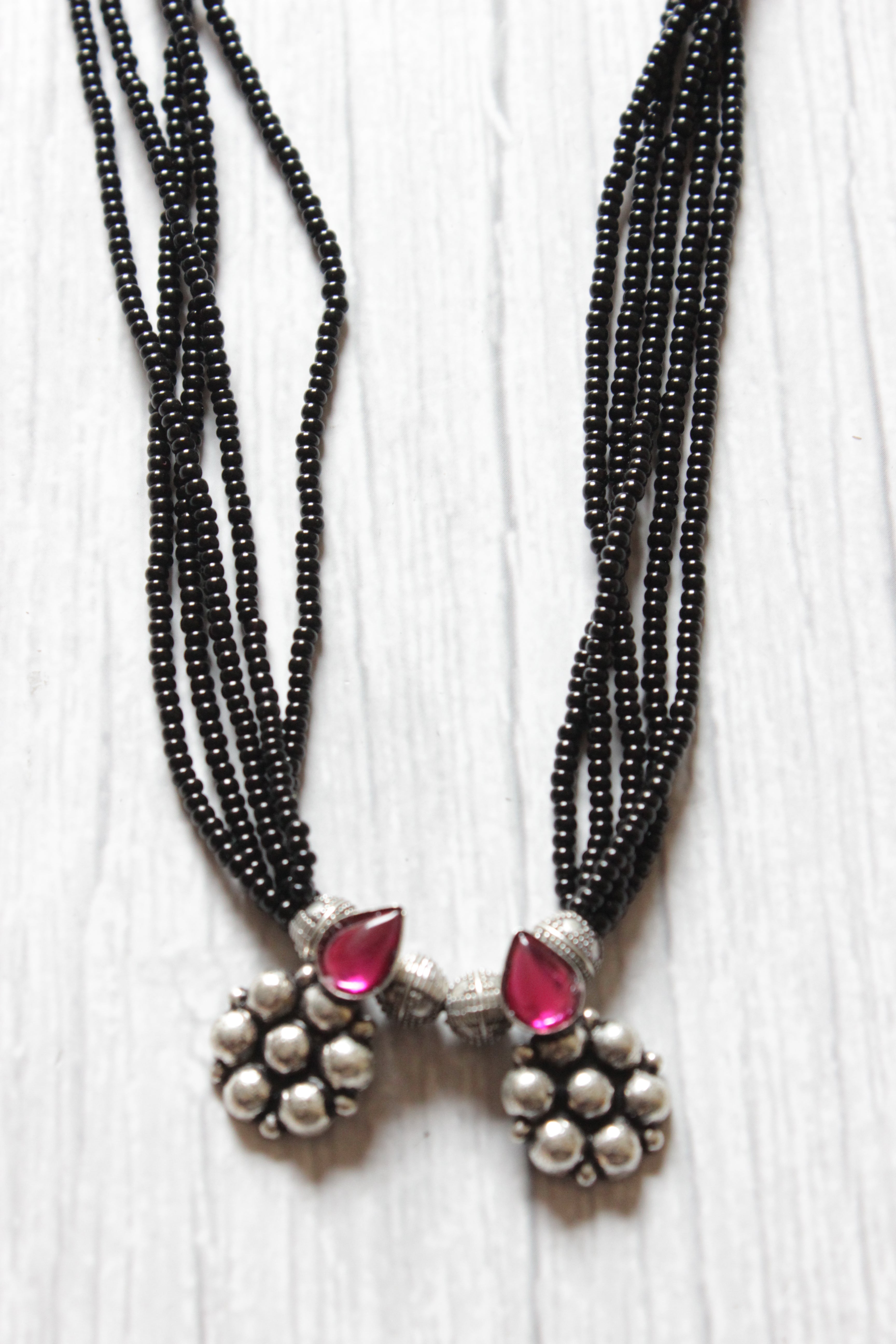 Stringed Black Beads Pink Stone Embedded Mangalsutra Necklace Set