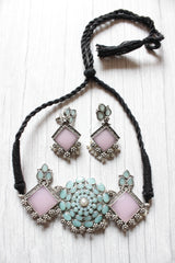 Turquoise and Baby Pink Glass Stones Embedded Elaborate Choker Necklace Set with Adjustable Thread Closure