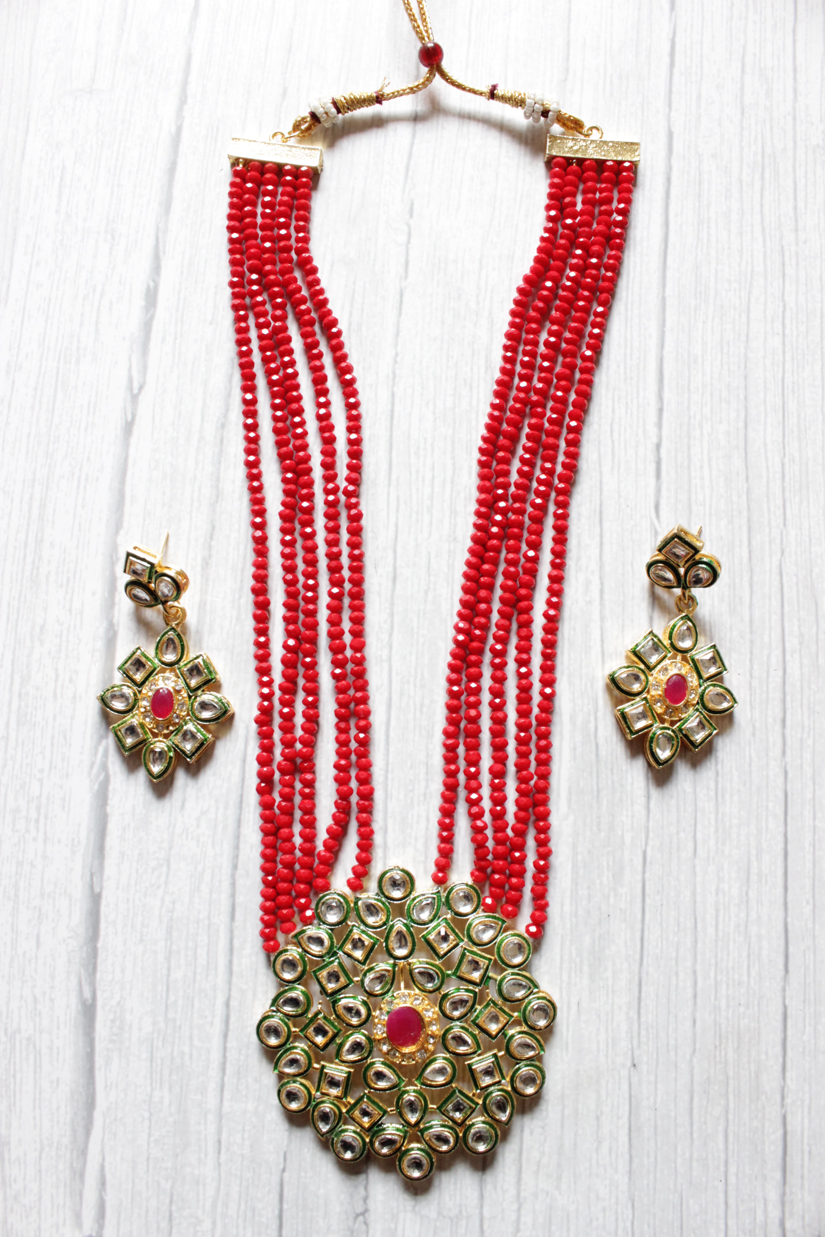 Red Natural Glass Beads Stringed Kundan Long Necklace Set