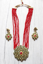 Load image into Gallery viewer, Red Natural Glass Beads Stringed Kundan Long Necklace Set
