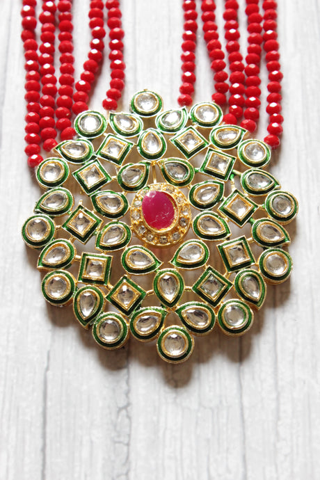 Red Natural Glass Beads Stringed Kundan Long Necklace Set