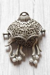 Artistically Detailed Elephant Motif Silver Finish Brass Choker Necklace Set with Adjustable Thread Closure