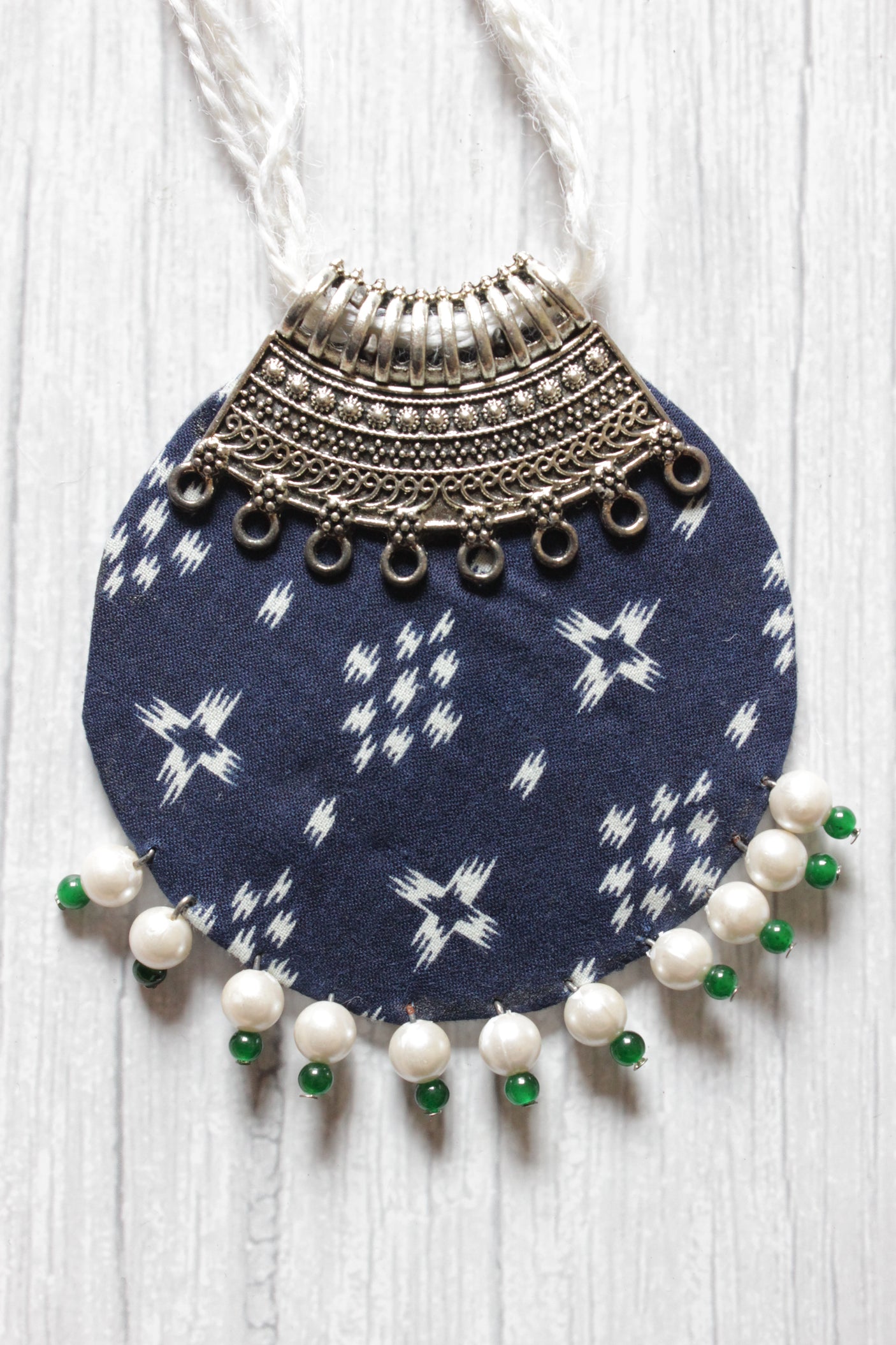 Fabric and Silver Finish Metal Circular Necklace Set with Adjustable Thread Closure