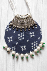 Fabric and Silver Finish Metal Circular Necklace Set with Adjustable Thread Closure