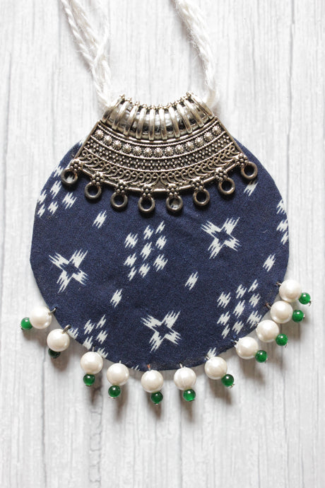 Fabric and Silver Finish Metal Circular Necklace Set with Adjustable Thread Closure