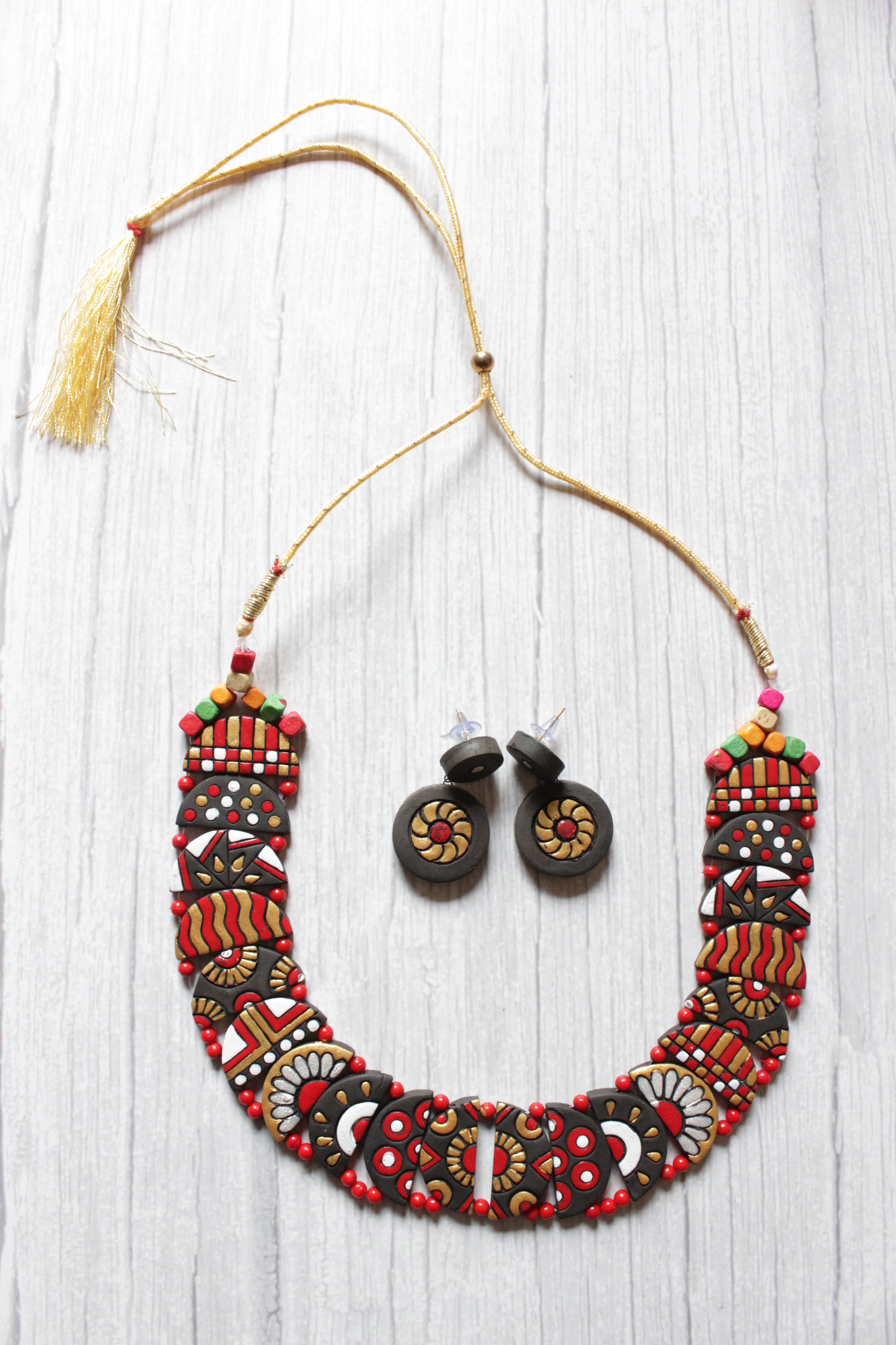 Handcrafted Multi-Color Tribal Motifs Terracotta Clay Adjustable Length Choker Necklace Set