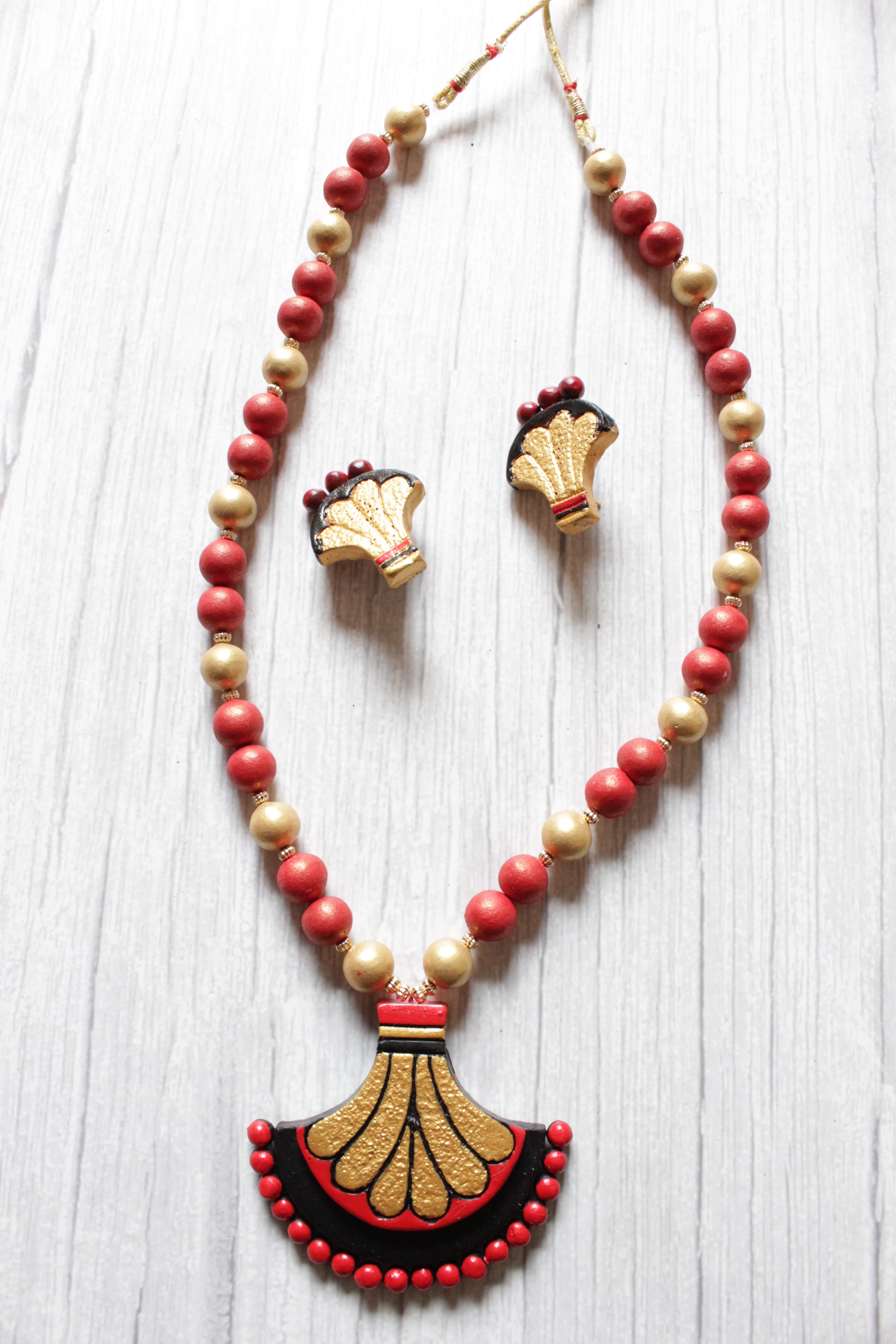Handcrafted Red and Golden Beads Terracotta Clay Necklace Set