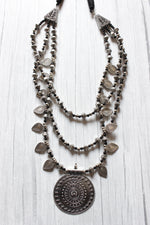 Load image into Gallery viewer, 3 Layer Stringed Beads and Leaf Shaped Metal Charms Necklace with Adjustable Thread Closure
