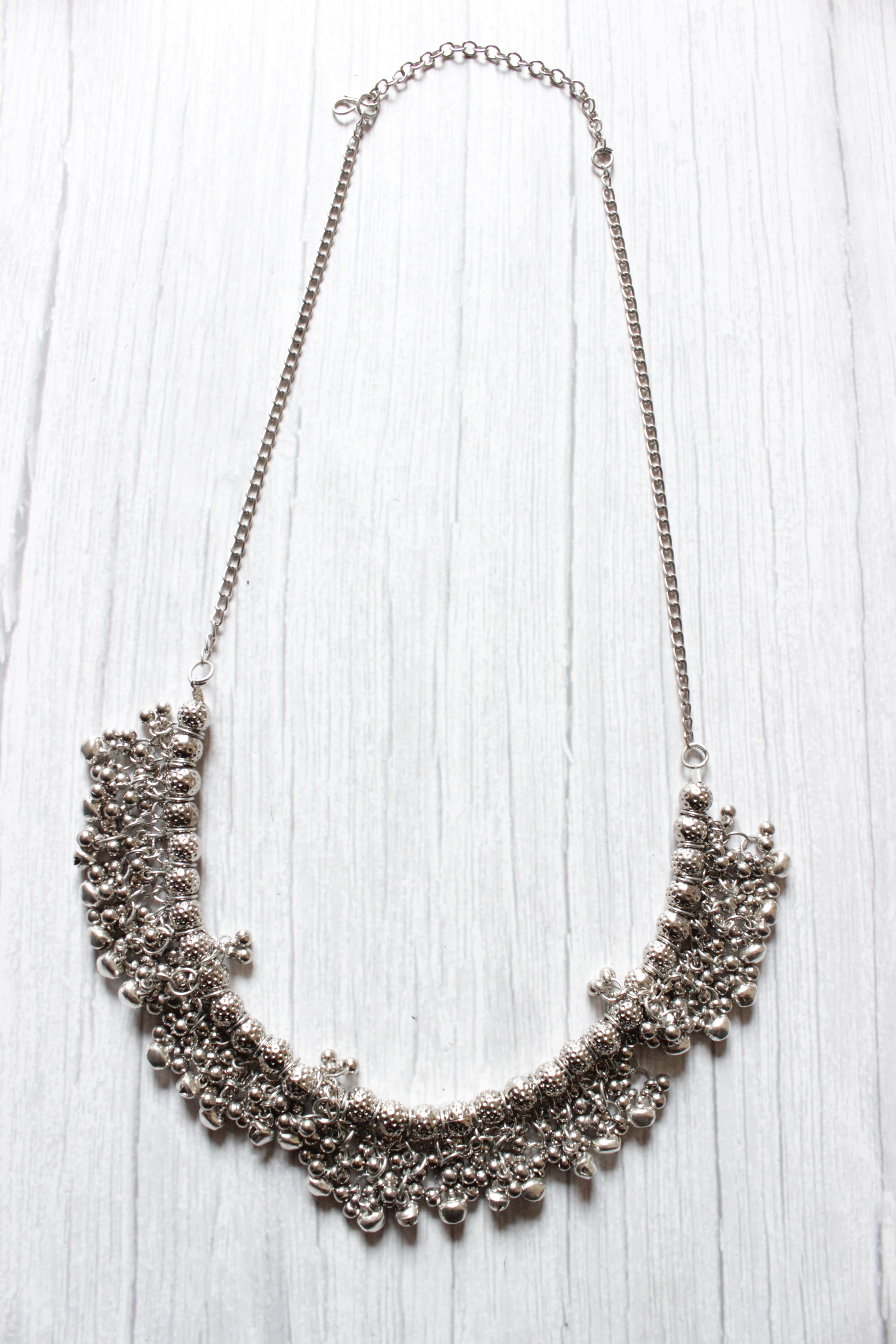 Oxidised Finish Long Chain Necklace with Ghungroo Shaped Beads