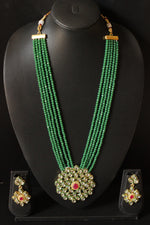Load image into Gallery viewer, Sea Green Natural Glass Beads Stringed Kundan Long Necklace Set
