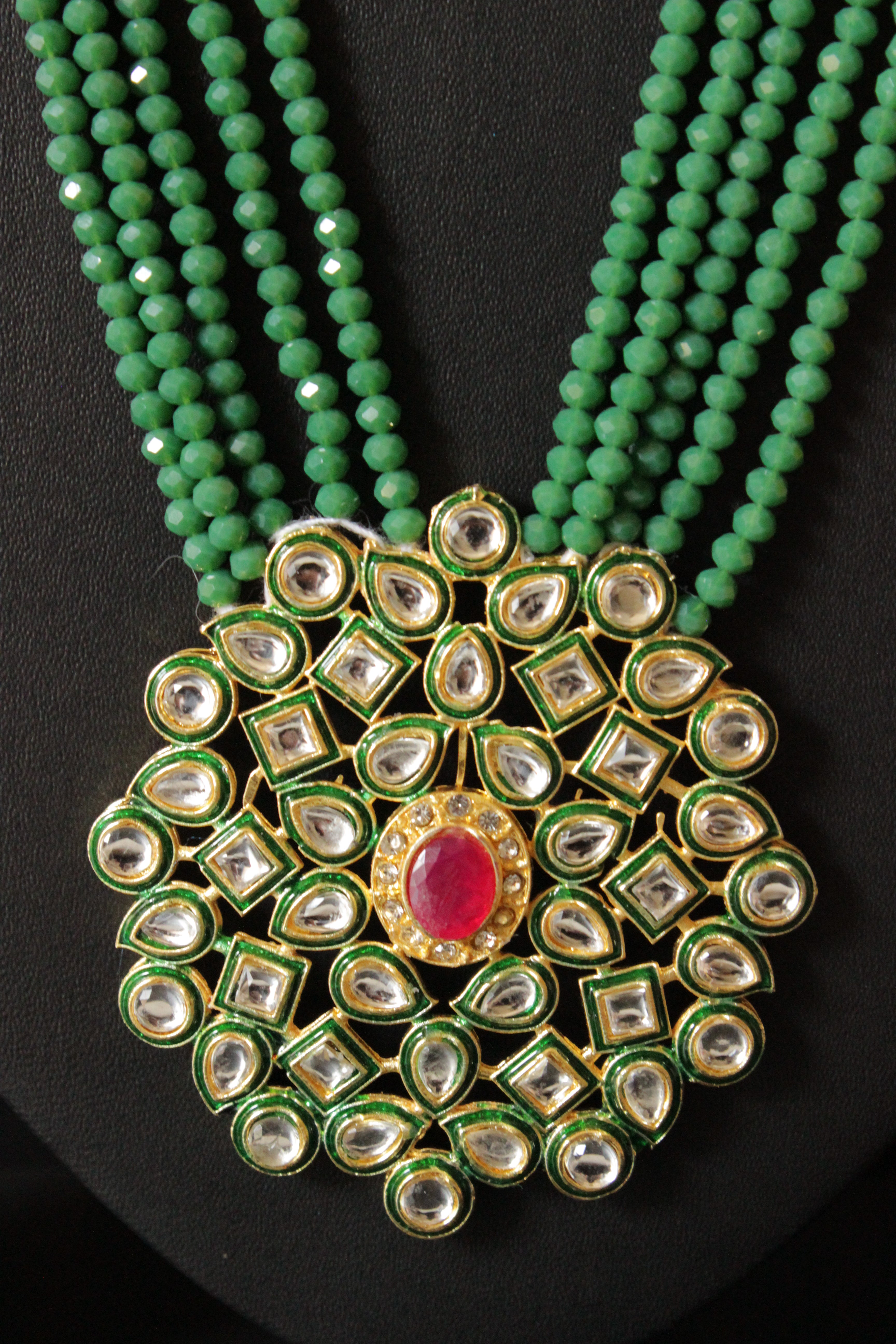 Sea Green Natural Glass Beads Stringed Kundan Long Necklace Set
