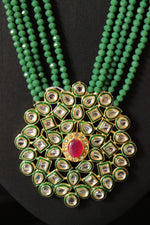 Load image into Gallery viewer, Sea Green Natural Glass Beads Stringed Kundan Long Necklace Set
