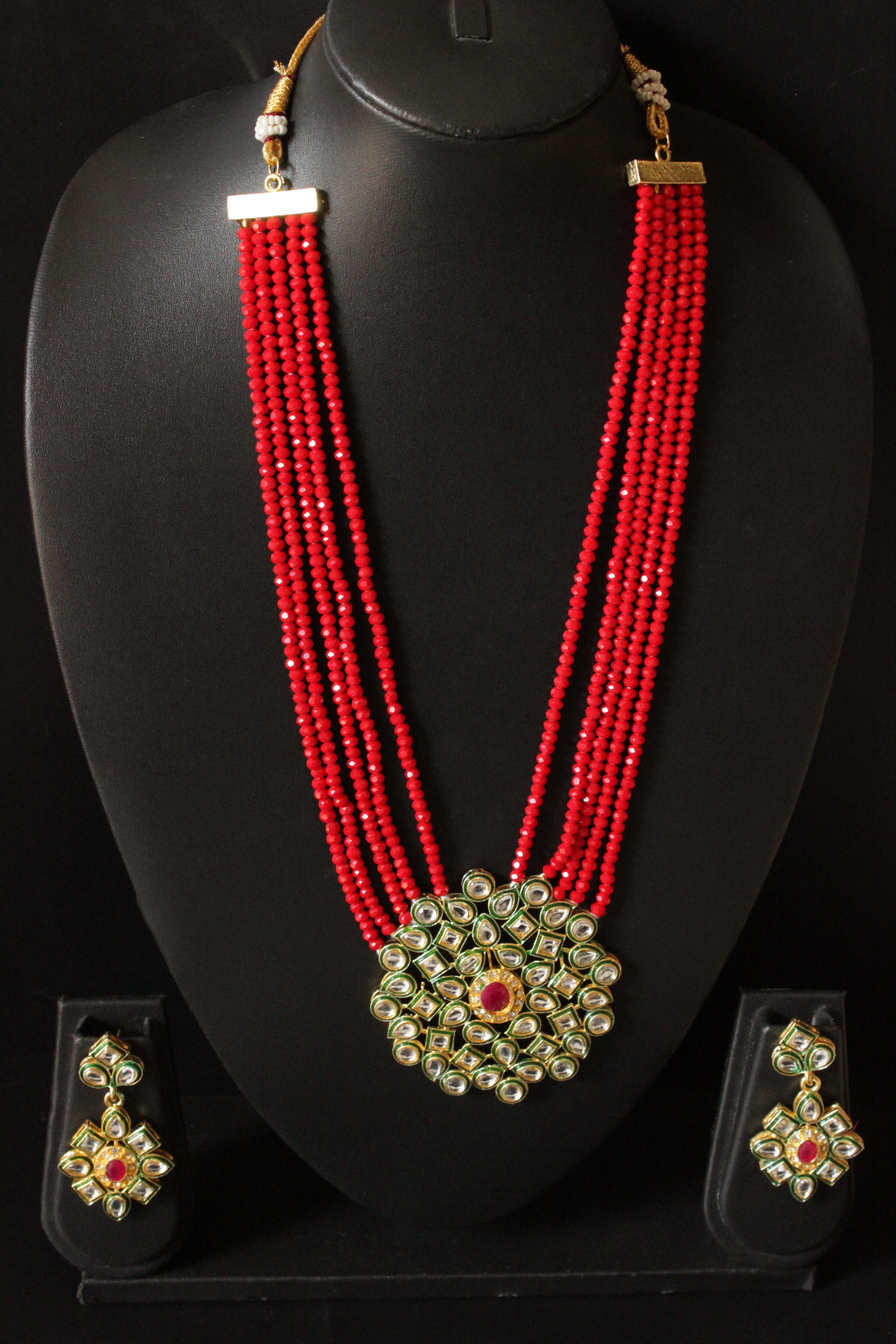 Red Natural Glass Beads Stringed Kundan Long Necklace Set