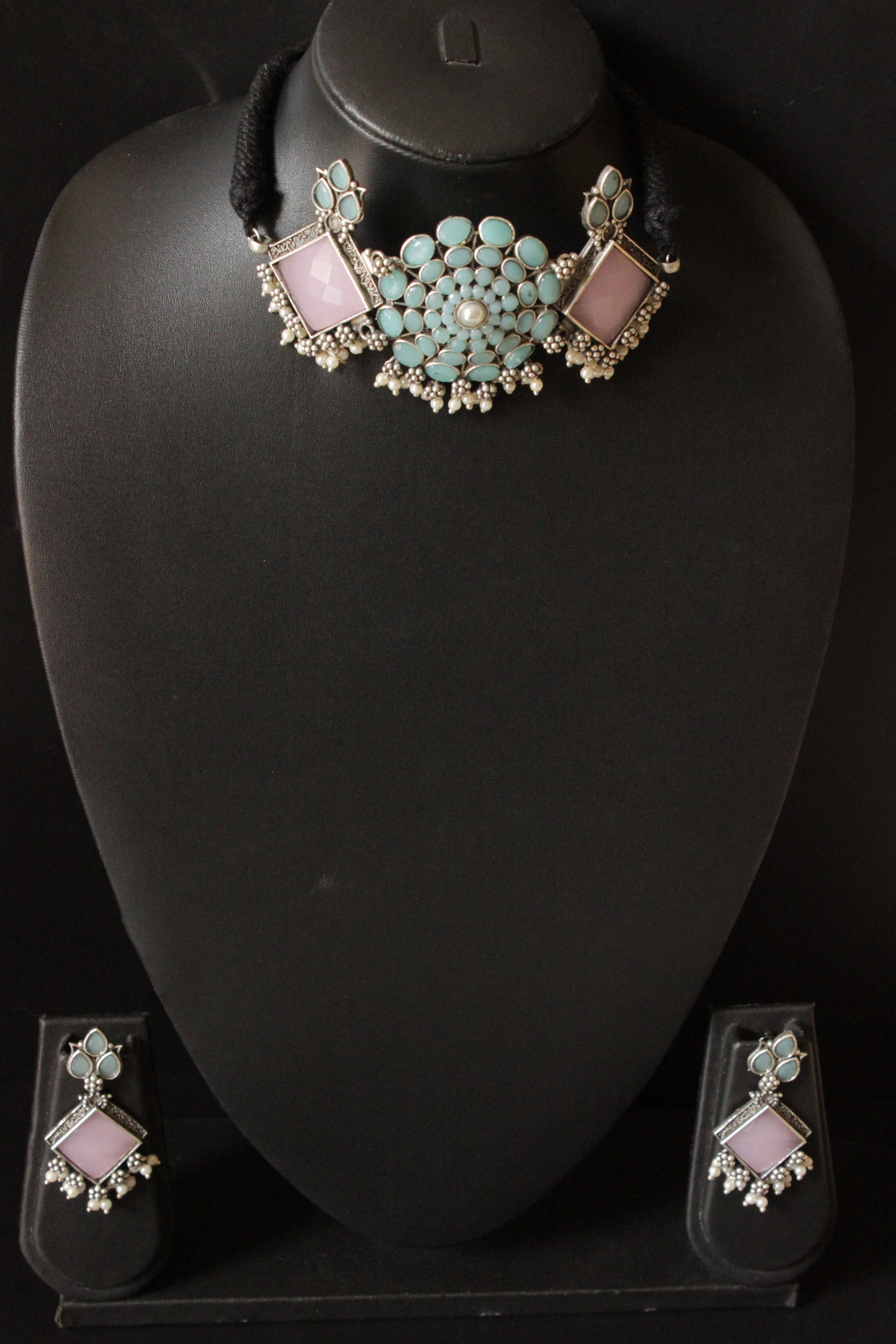 Turquoise and Baby Pink Glass Stones Embedded Elaborate Choker Necklace Set with Adjustable Thread Closure