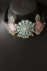 Turquoise and Baby Pink Glass Stones Embedded Elaborate Choker Necklace Set with Adjustable Thread Closure