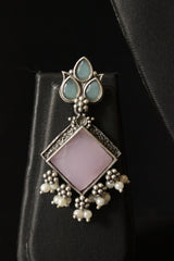 Turquoise and Baby Pink Glass Stones Embedded Elaborate Choker Necklace Set with Adjustable Thread Closure