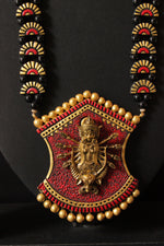 Load image into Gallery viewer, Handcrafted Red, Golden and Black Religious Motif Terracotta Clay Necklace Set
