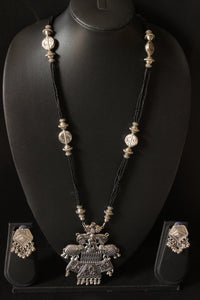 Stringed Black Beads Elephant Motif Pendant Long Necklace Set