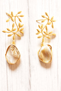 Rough Cut Natural Ivory Stone Leaf Motifs Brass Earrings