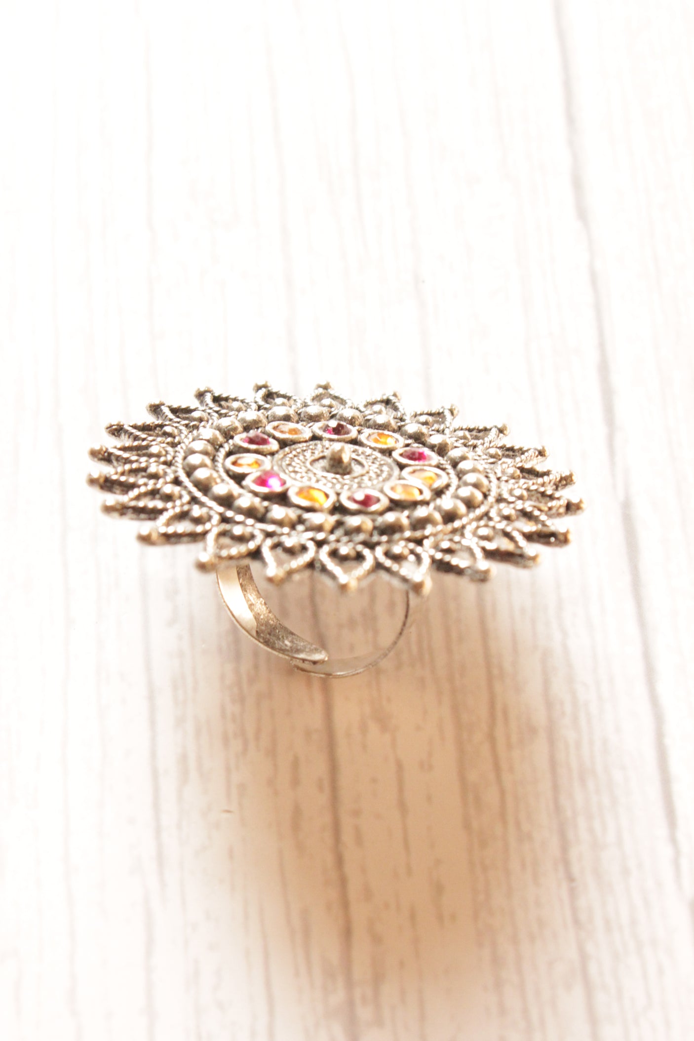 Pink and Orange Stones Oxidised Finish Statement Cocktail Adjustable Ring