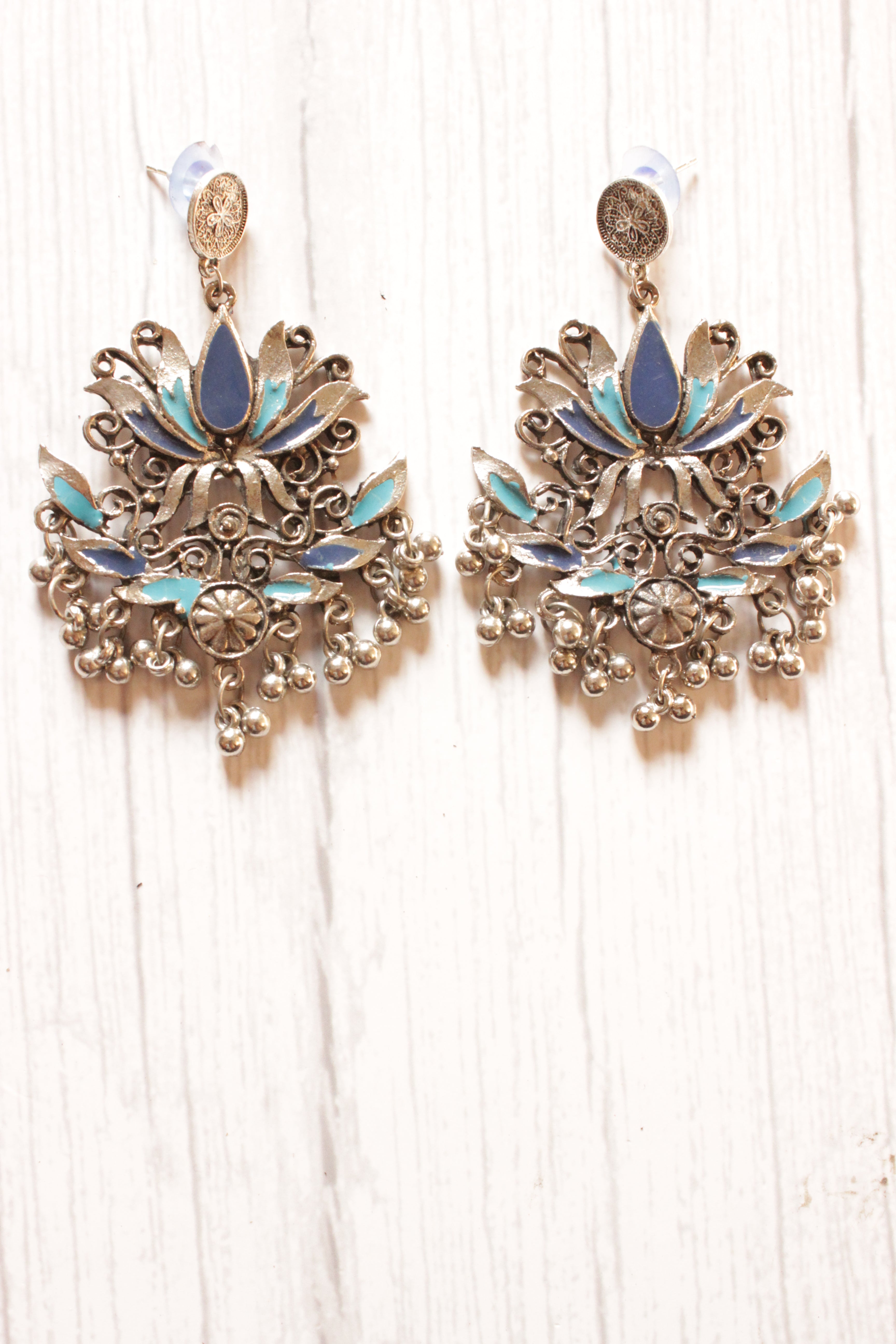 Lotus Shape Shades of Blue Metal Dangler Earrings