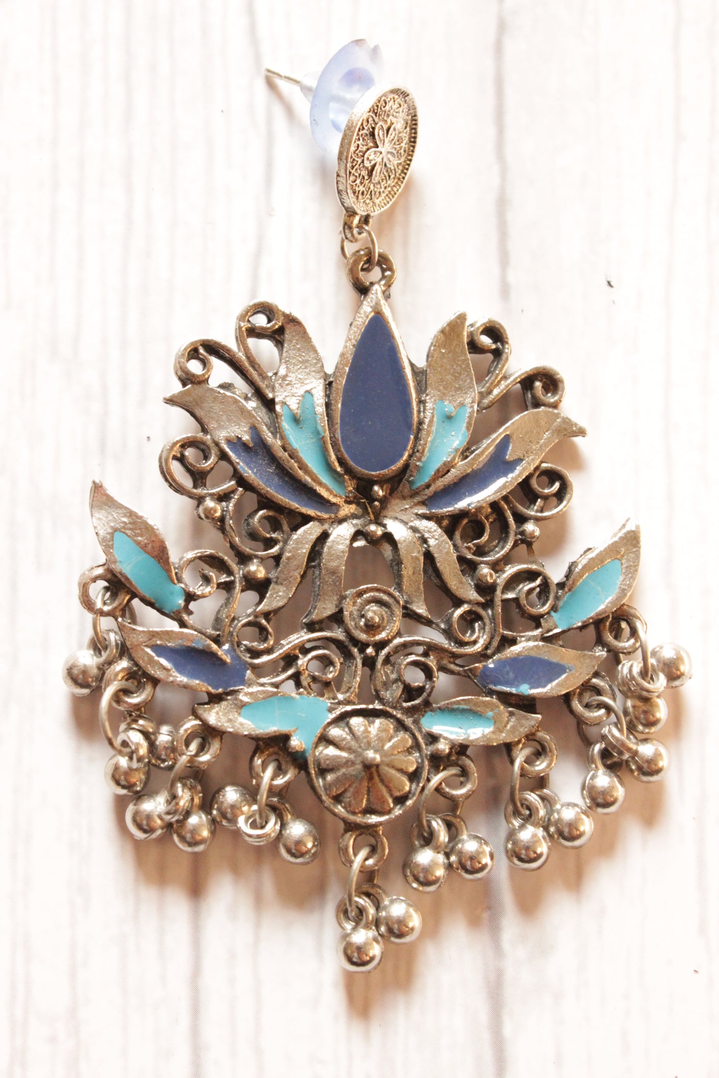 Lotus Shape Shades of Blue Metal Dangler Earrings
