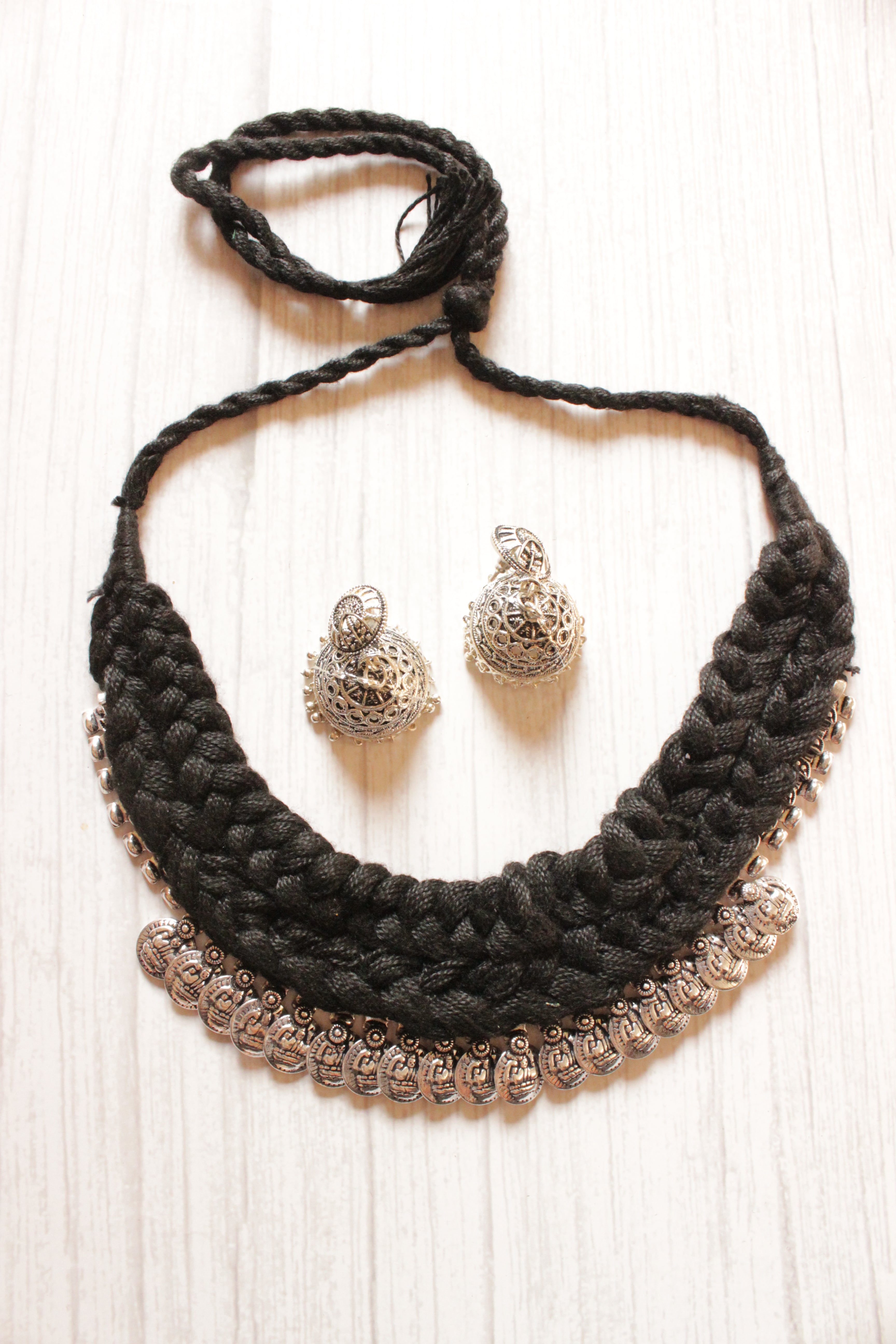 Black Thread Braided Coin Embellishments Choker Necklace Set with Jhumka Earrings