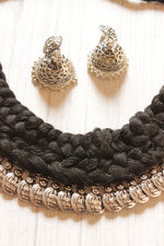 Load image into Gallery viewer, Black Thread Braided Coin Embellishments Choker Necklace Set with Jhumka Earrings
