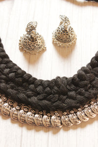 Black Thread Braided Coin Embellishments Choker Necklace Set with Jhumka Earrings