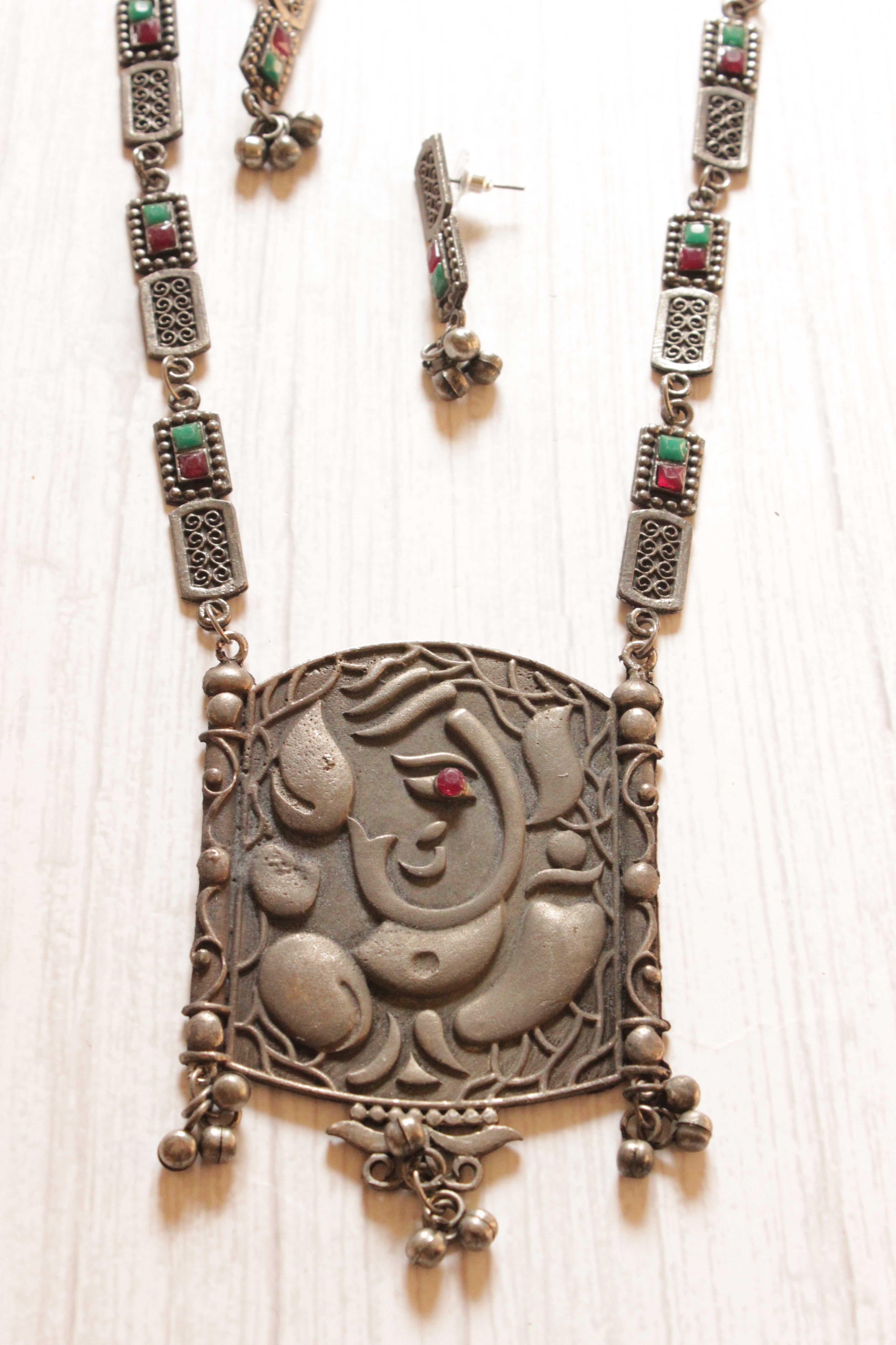 Ganesha Motif Premium Oxidised Finish Long Chain Necklace Set