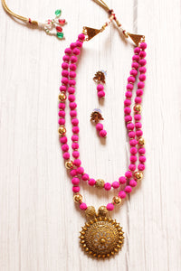 Handmade Pink Fabric Beads Antique Gold Finish Necklace Set