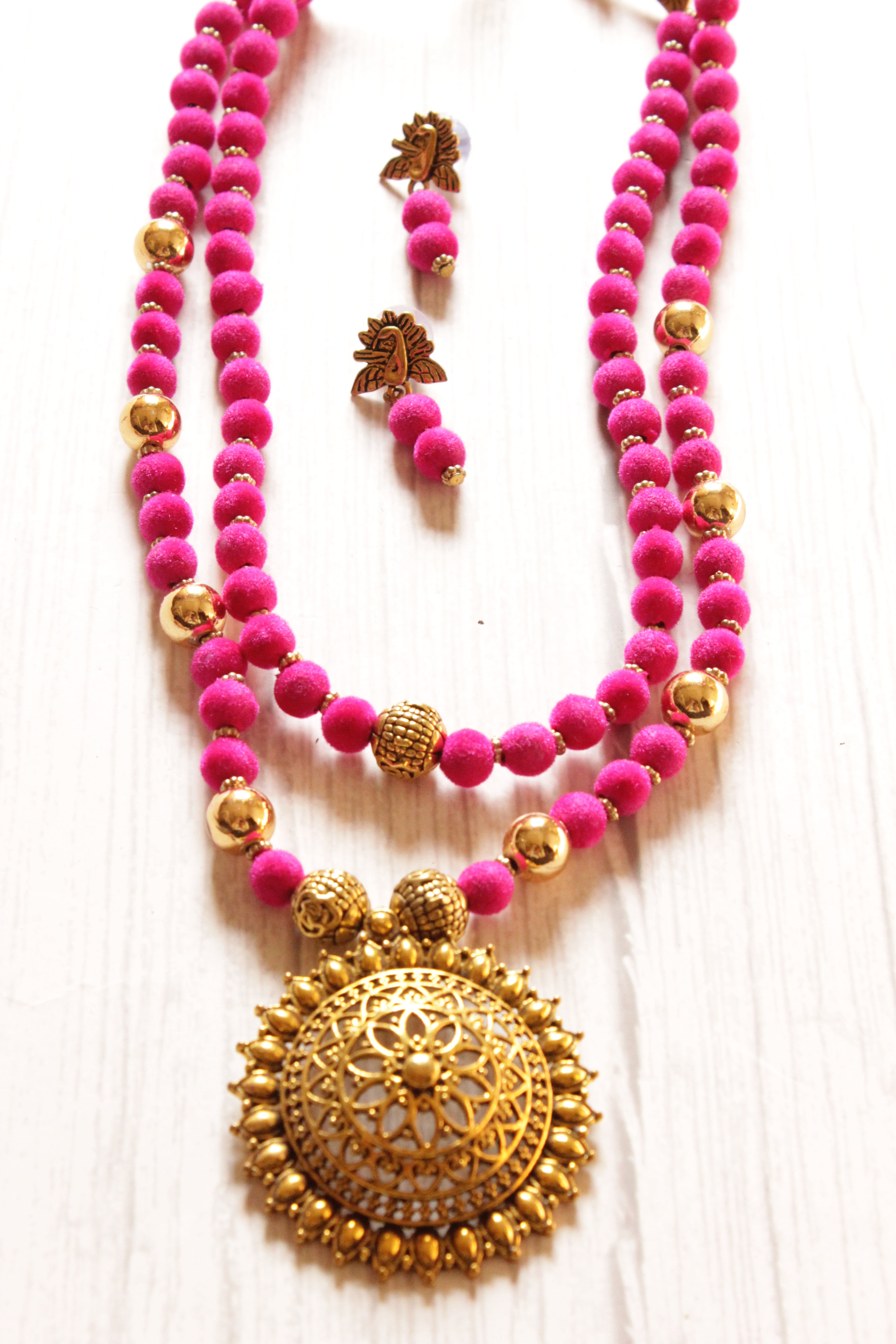 Handmade Pink Fabric Beads Antique Gold Finish Necklace Set