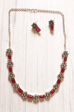 Load image into Gallery viewer, Pink Glass Stones Embedded Petite Silver Finish Necklace Set
