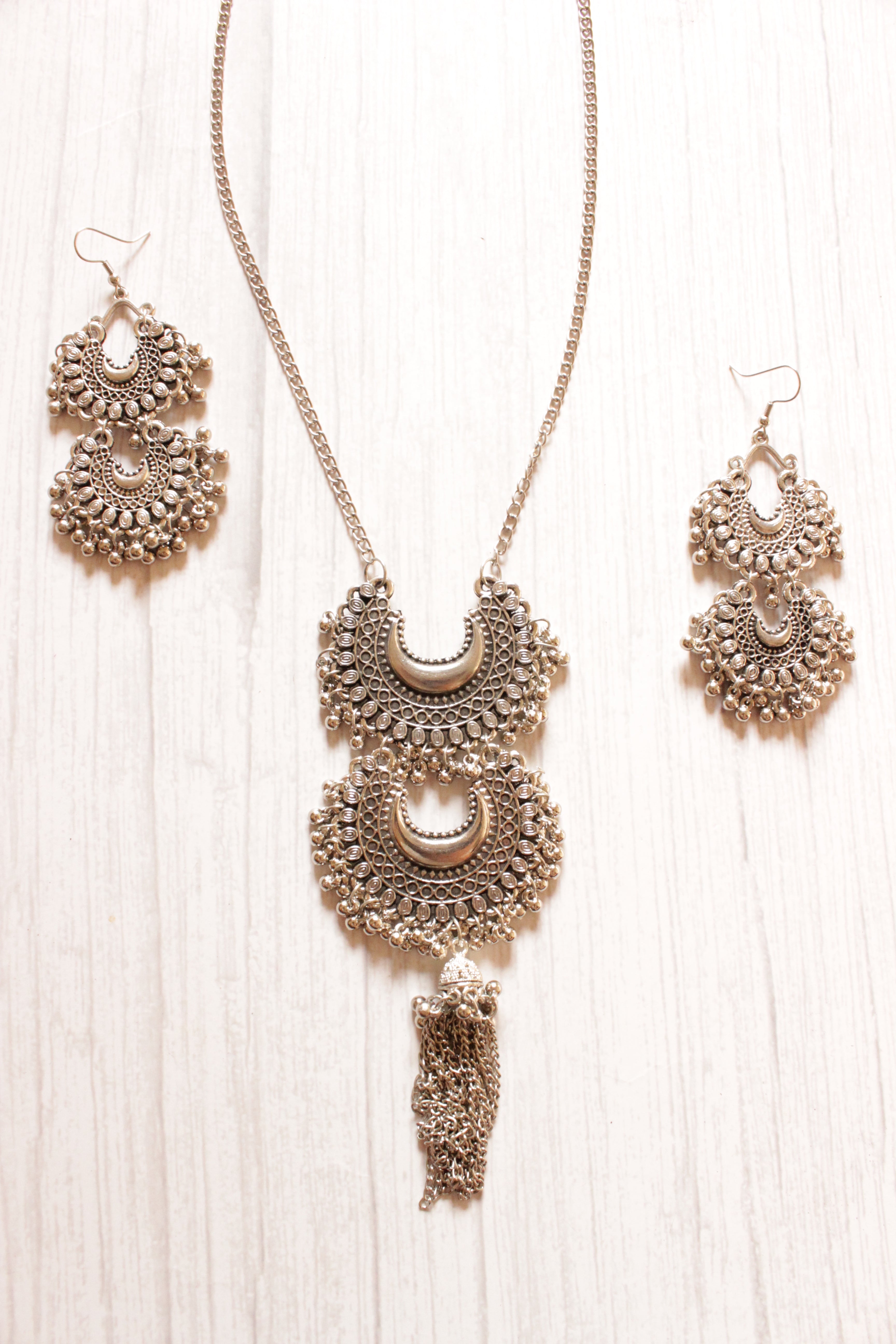 Oxidised Silver 2 layer Pendant Finish Ghungroo Beads Embellished Long Chain Necklace