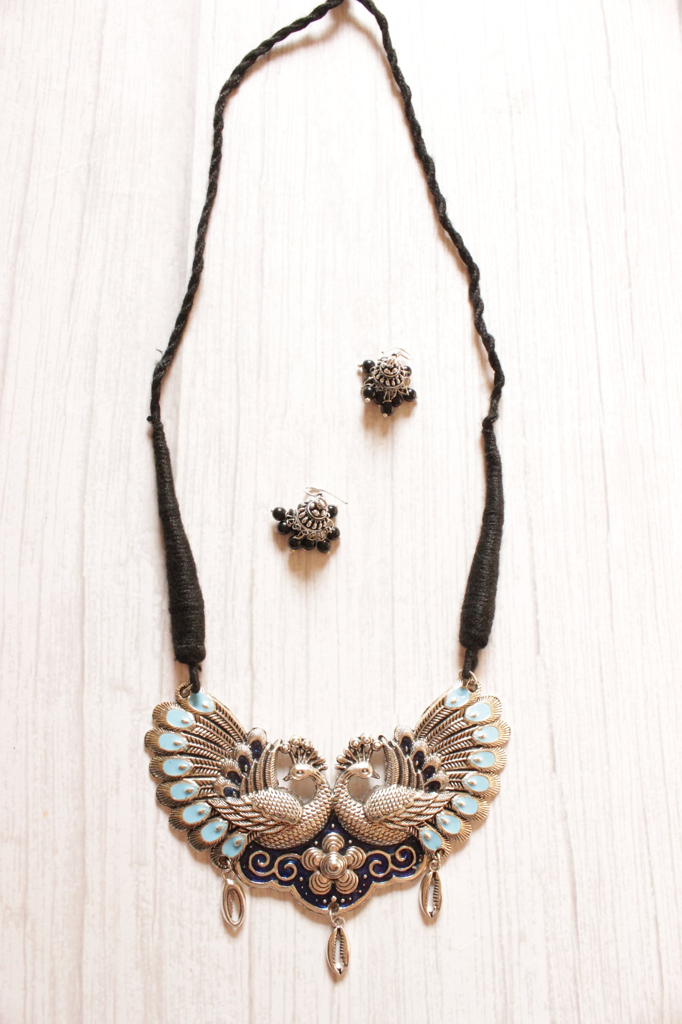 Peacock Motif Statement Hand Painted Pendant Silver Finish Thread Closure Necklace