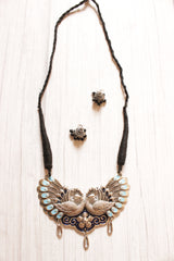 Peacock Motif Statement Hand Painted Pendant Silver Finish Thread Closure Necklace