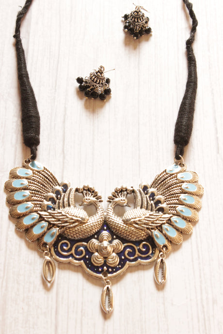 Peacock Motif Statement Hand Painted Pendant Silver Finish Thread Closure Necklace