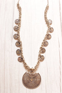 Metal Stamped Coins and Ghungroo Beads Embellished Silver Finish Long Necklace