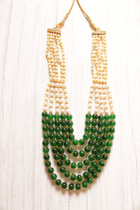 Green & White Glass Beads Intertwined with Golden Beads Adjustable Thread Ethnic Necklace