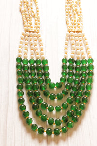 Green & White Glass Beads Intertwined with Golden Beads Adjustable Thread Ethnic Necklace