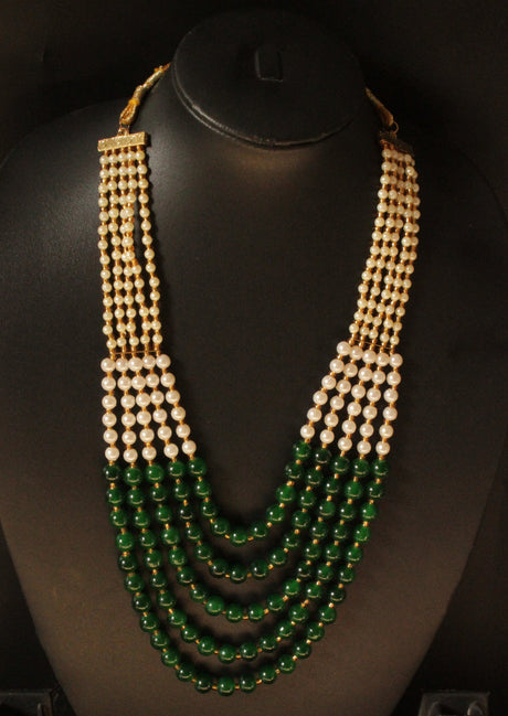 Green & White Glass Beads Intertwined with Golden Beads Adjustable Thread Ethnic Necklace