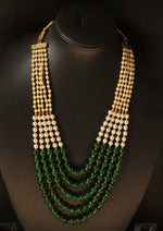 Load image into Gallery viewer, Green &amp; White Glass Beads Intertwined with Golden Beads Adjustable Thread Ethnic Necklace

