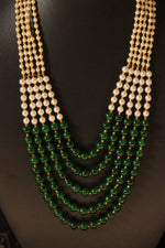 Load image into Gallery viewer, Green &amp; White Glass Beads Intertwined with Golden Beads Adjustable Thread Ethnic Necklace
