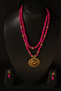 Handmade Pink Fabric Beads Antique Gold Finish Necklace Set