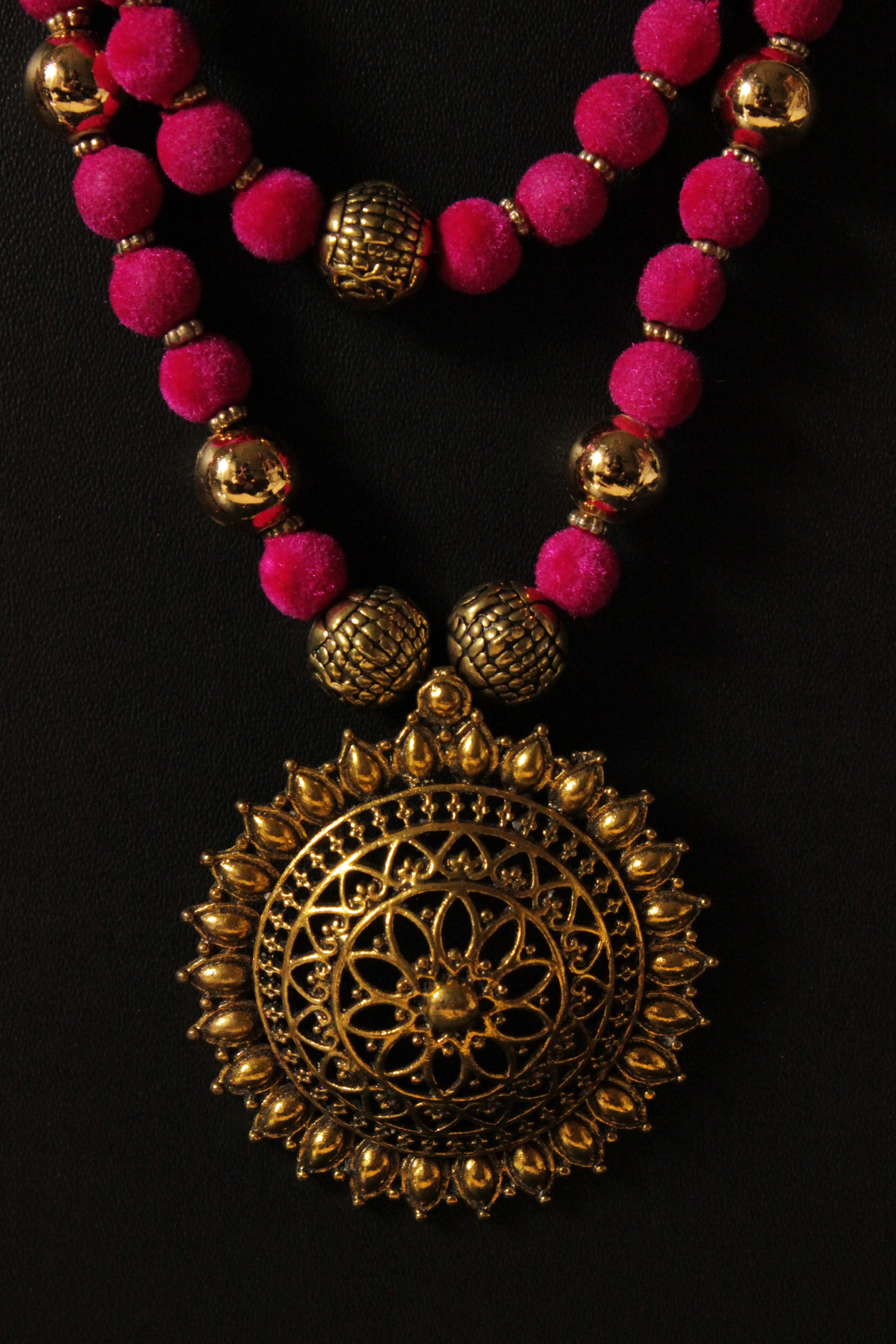 Handmade Pink Fabric Beads Antique Gold Finish Necklace Set