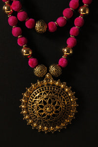 Handmade Pink Fabric Beads Antique Gold Finish Necklace Set