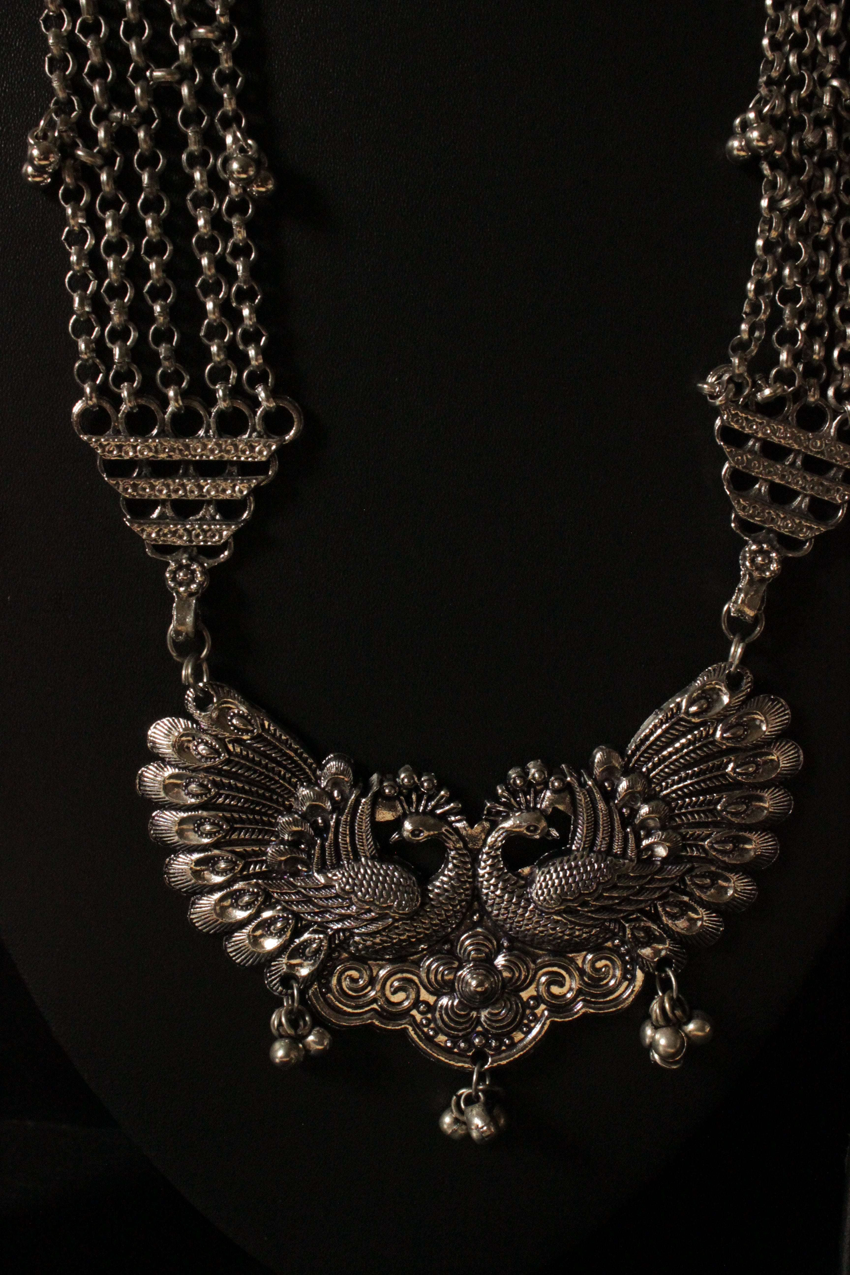 Peacock Motif Statement Pendant Silver Finish Long Necklace